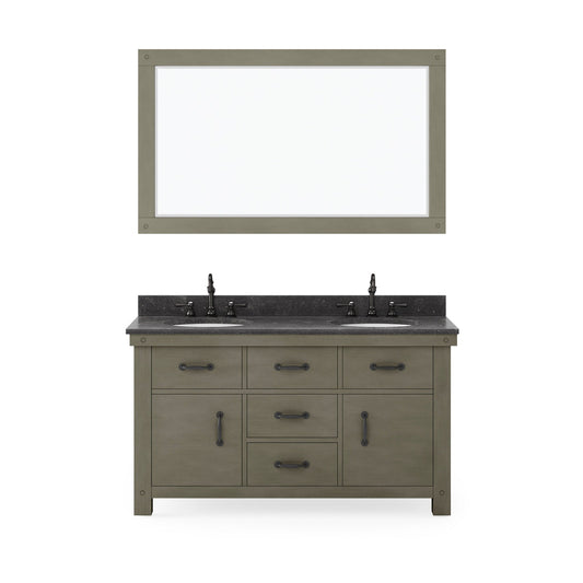 Water Creation Aberdeen 60" Grizzle Grey Double Sink Bathroom Vanity With Mirror And Faucets With Blue Limestone Counter Top