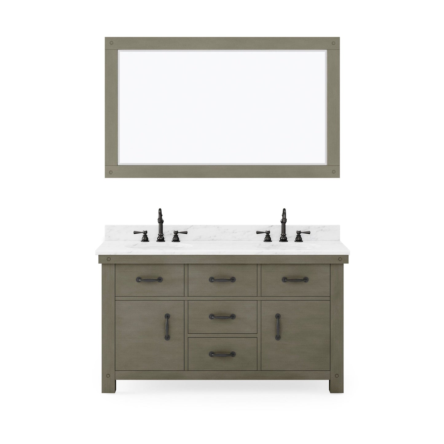 Water Creation Aberdeen 60" Grizzle Grey Double Sink Bathroom Vanity With Mirror And Faucets With Carrara White Marble Counter Top