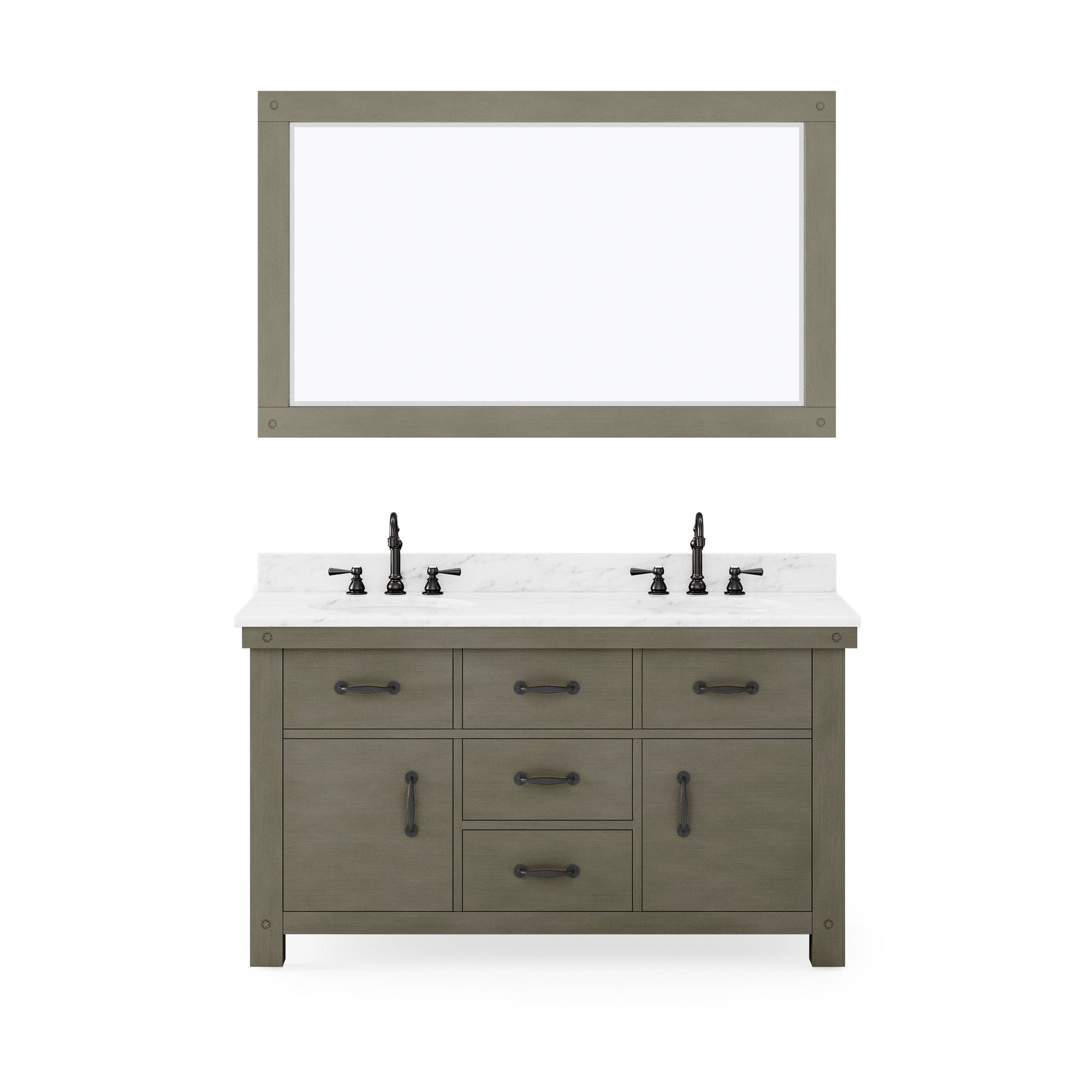 Water Creation Aberdeen 60" Grizzle Grey Double Sink Bathroom Vanity With Mirror And Faucets With Carrara White Marble Counter Top