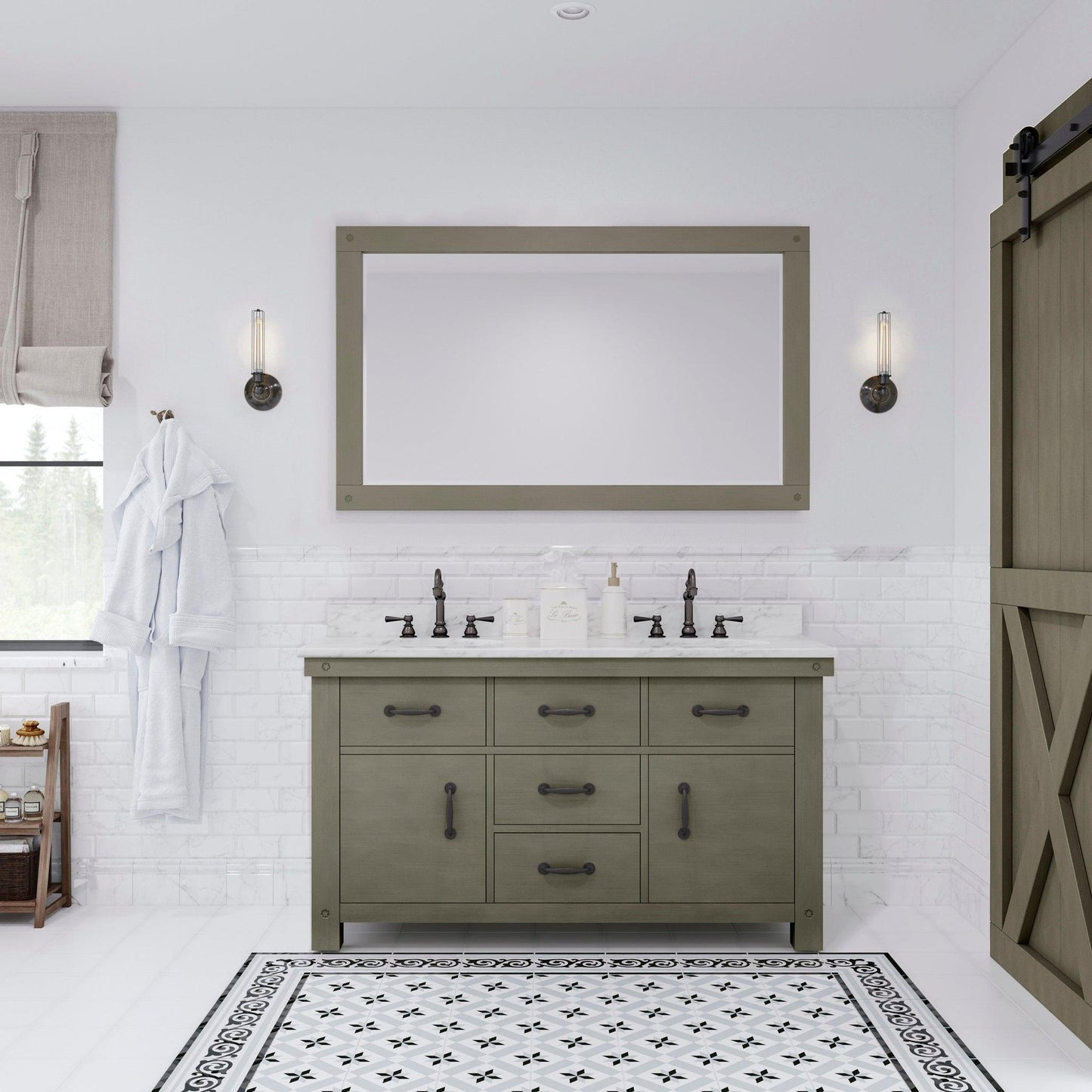 Water Creation Aberdeen 60" Grizzle Grey Double Sink Bathroom Vanity With Mirror With Carrara White Marble Counter Top