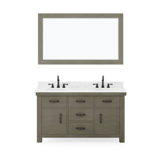Water Creation Aberdeen 60" Grizzle Grey Double Sink Bathroom Vanity With Mirror With Carrara White Marble Counter Top
