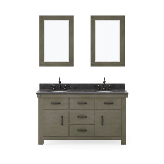 Water Creation Aberdeen 60" Grizzle Grey Double Sink Bathroom Vanity With Mirrors And Faucets With Blue Limestone Counter Top