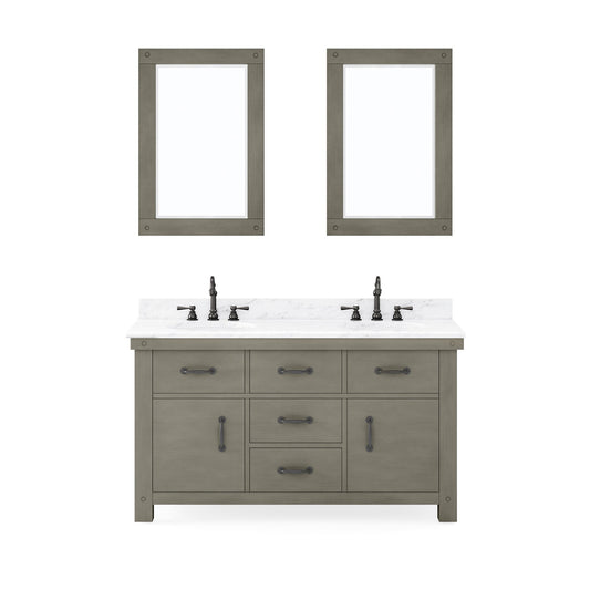 Water Creation Aberdeen 60" Grizzle Grey Double Sink Bathroom Vanity With Mirrors With Carrara White Marble Counter Top