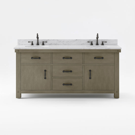 Water Creation Aberdeen 72" Grizzle Grey Double Sink Bathroom Vanity With Faucets With Carrara White Marble Counter Top