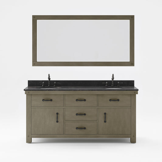 Water Creation Aberdeen 72" Grizzle Grey Double Sink Bathroom Vanity With Mirror And Faucets With Blue Limestone Counter Top