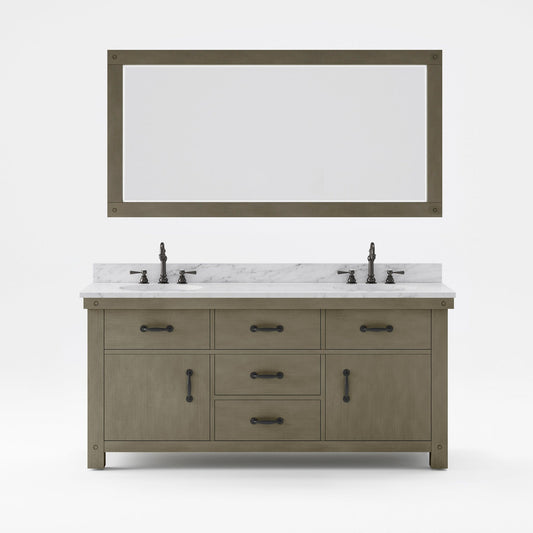 Water Creation Aberdeen 72" Grizzle Grey Double Sink Bathroom Vanity With Mirror And Faucets With Carrara White Marble Counter Top