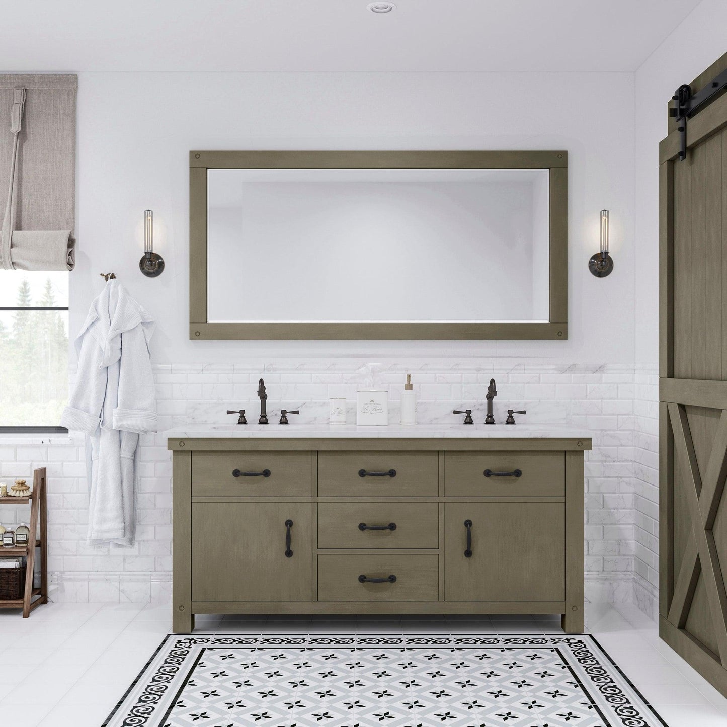 Water Creation Aberdeen 72" Grizzle Grey Double Sink Bathroom Vanity With Mirror With Carrara White Marble Counter Top