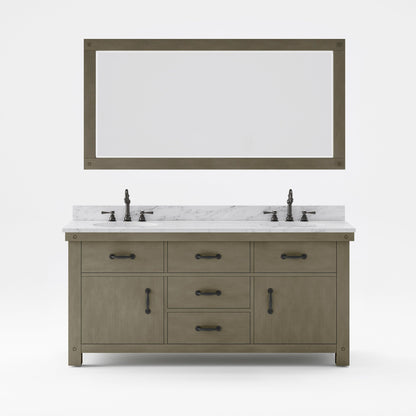 Water Creation Aberdeen 72" Grizzle Grey Double Sink Bathroom Vanity With Mirror With Carrara White Marble Counter Top