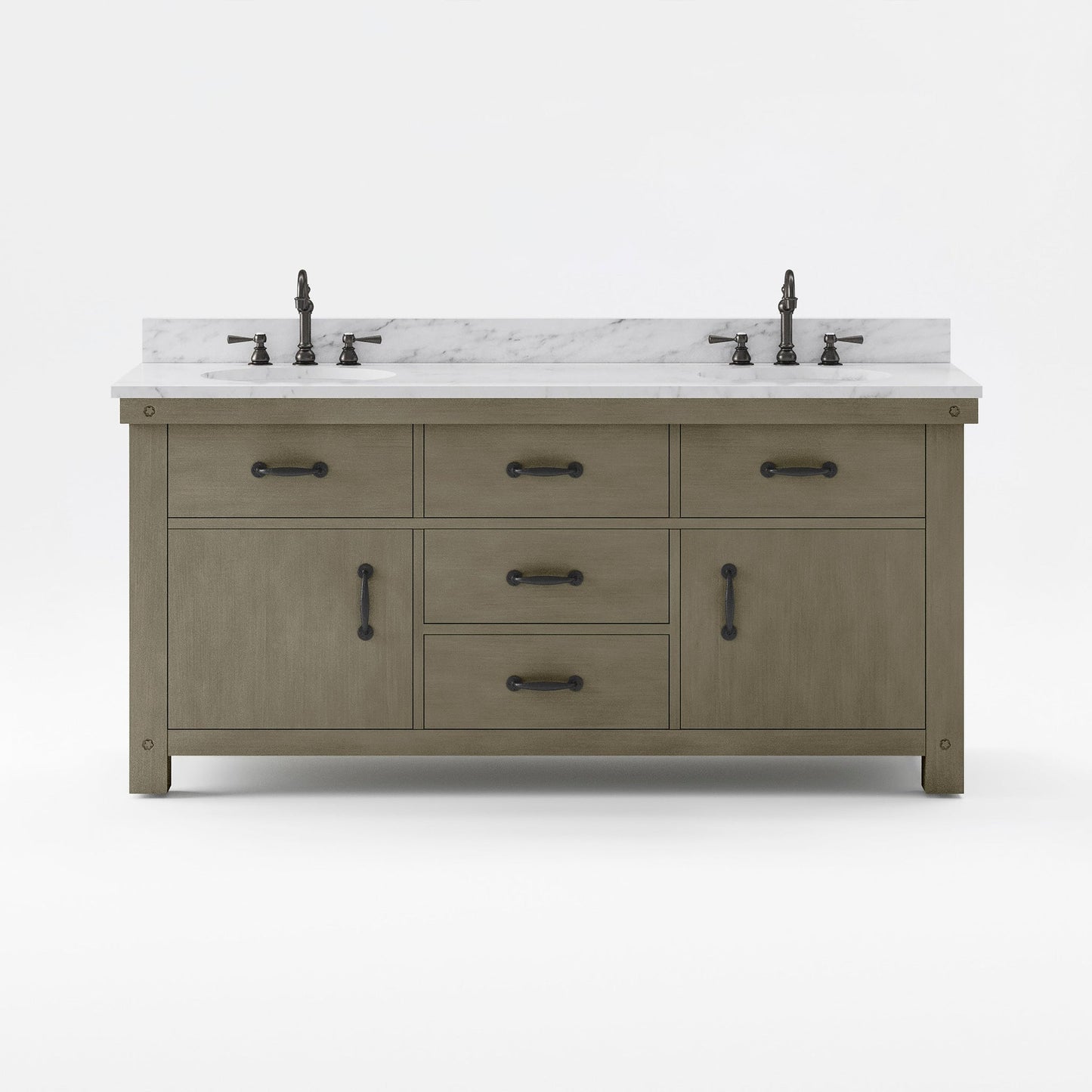 Water Creation Aberdeen 72" Grizzle Grey Double Sink Bathroom Vanity With Mirrors And Faucets With Carrara White Marble Counter Top