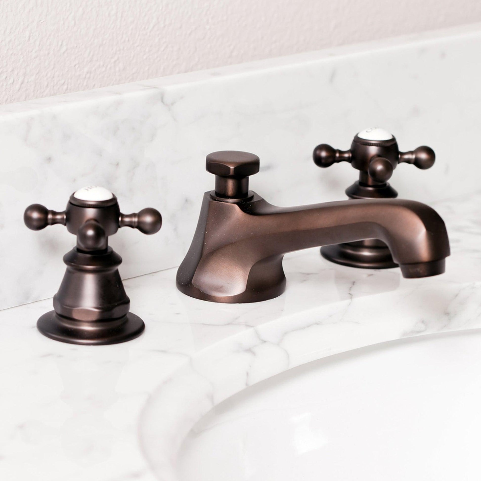 Water Creation American 20th Century Classic Widespread Lavatory F2-0009 8" Brown Solid Brass Faucet With Pop-Up Drain And Metal Cross Handles, Hot And Cold Labels Included