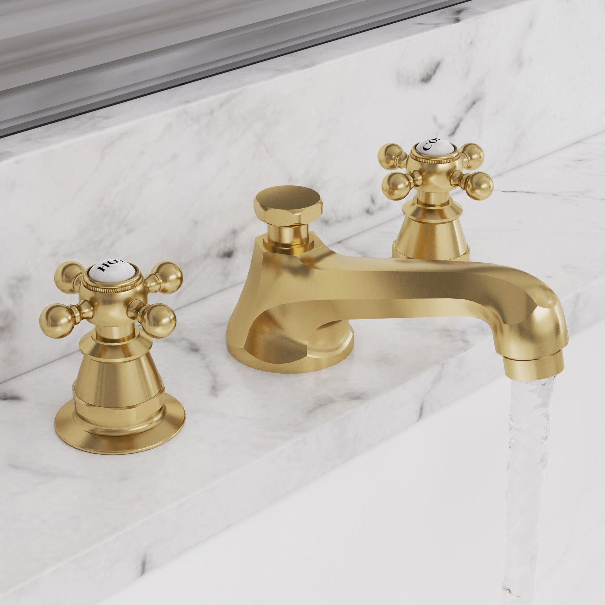 Water Creation American 20th Century Classic Widespread Lavatory F2-0009 8" Gold Solid Brass Faucet With Pop-Up Drain And Metal Cross Handles, Hot And Cold Labels Included