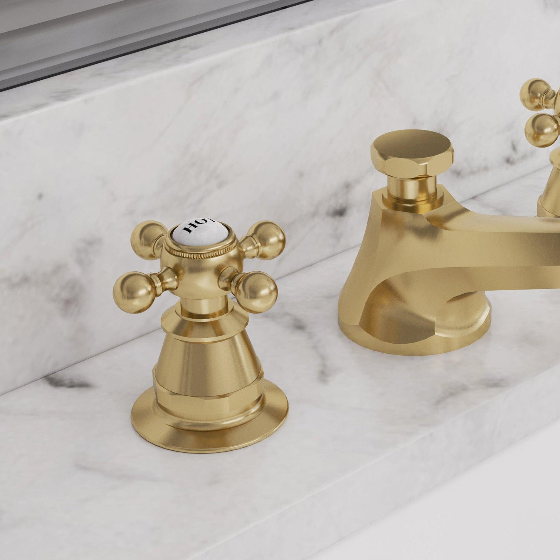 Water Creation American 20th Century Classic Widespread Lavatory F2-0009 8" Gold Solid Brass Faucet With Pop-Up Drain And Metal Cross Handles, Hot And Cold Labels Included
