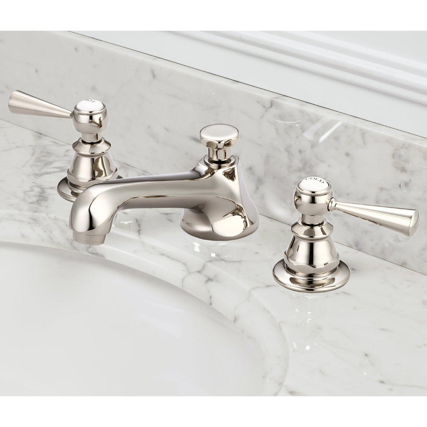 Water Creation American 20th Century Classic Widespread Lavatory F2-0009 8" Ivory Solid Brass Faucet With Pop-Up Drain And Torch Lever Handles, Hot And Cold Labels Included