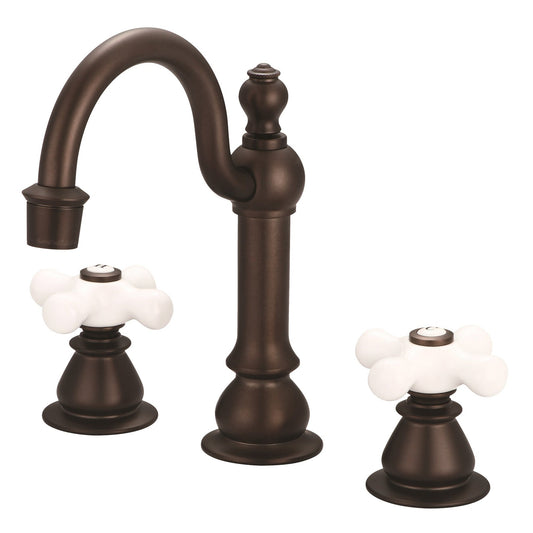 Water Creation American 20th Century Classic Widespread Lavatory F2-0012 8" Brown Solid Brass Faucet With Pop-Up Drain And Porcelain Cross Handles, Hot And Cold Labels Included