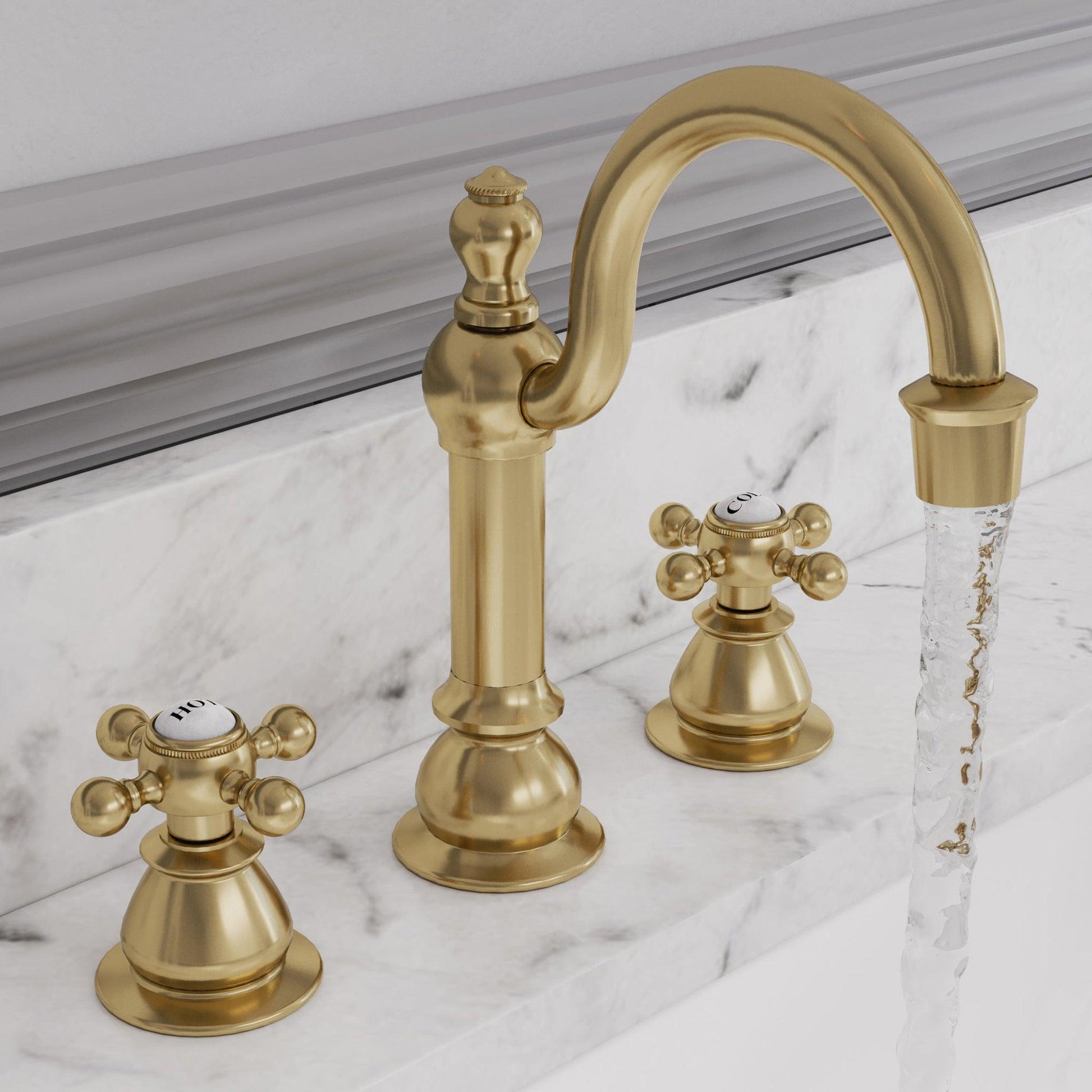 Water Creation American 20th Century Classic Widespread Lavatory F2-0012 8" Gold Solid Brass Faucet With Pop-Up Drain And Metal Lever Handles, Hot And Cold Labels Included
