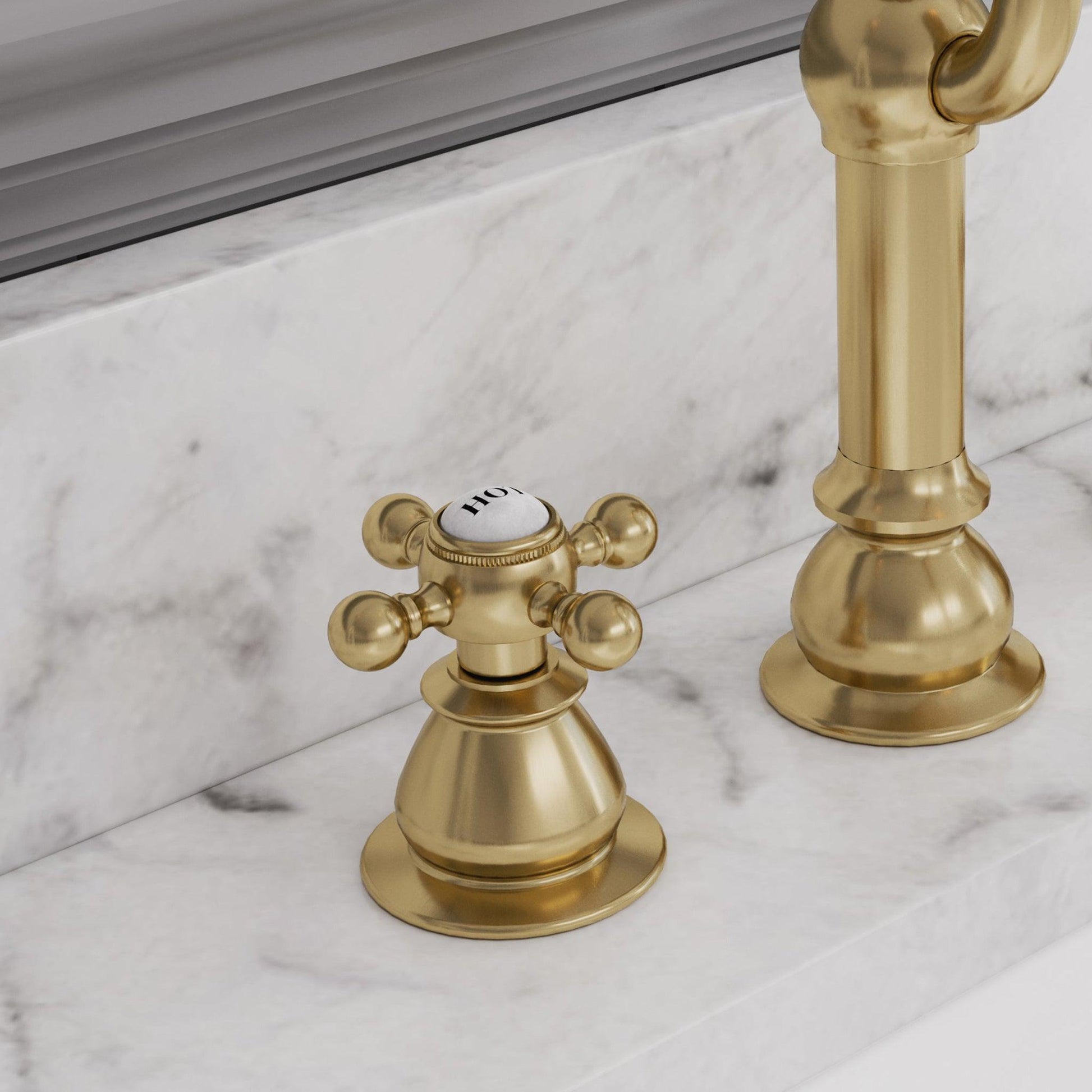 Water Creation American 20th Century Classic Widespread Lavatory F2-0012 8" Gold Solid Brass Faucet With Pop-Up Drain And Metal Lever Handles, Hot And Cold Labels Included