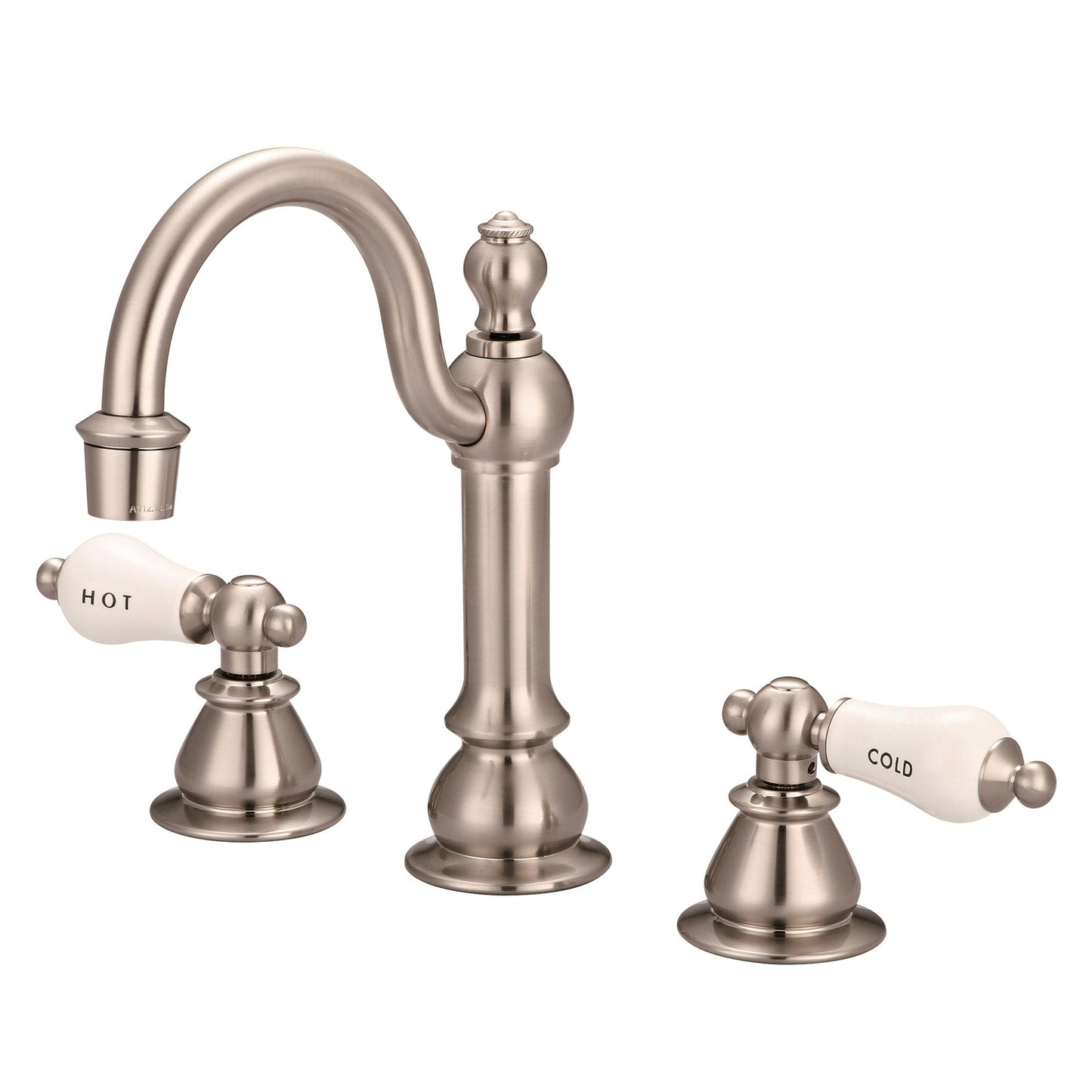 Water Creation American 20th Century Classic Widespread Lavatory F2-0012 8" Grey Solid Brass Faucet With Pop-Up Drain And Porcelain Lever Handles, Hot And Cold Labels Included