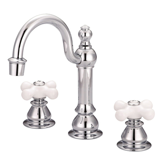 Water Creation American 20th Century Classic Widespread Lavatory F2-0012 8" Silver Solid Brass Faucet With Pop-Up Drain And Porcelain Cross Handles, Hot And Cold Labels Included