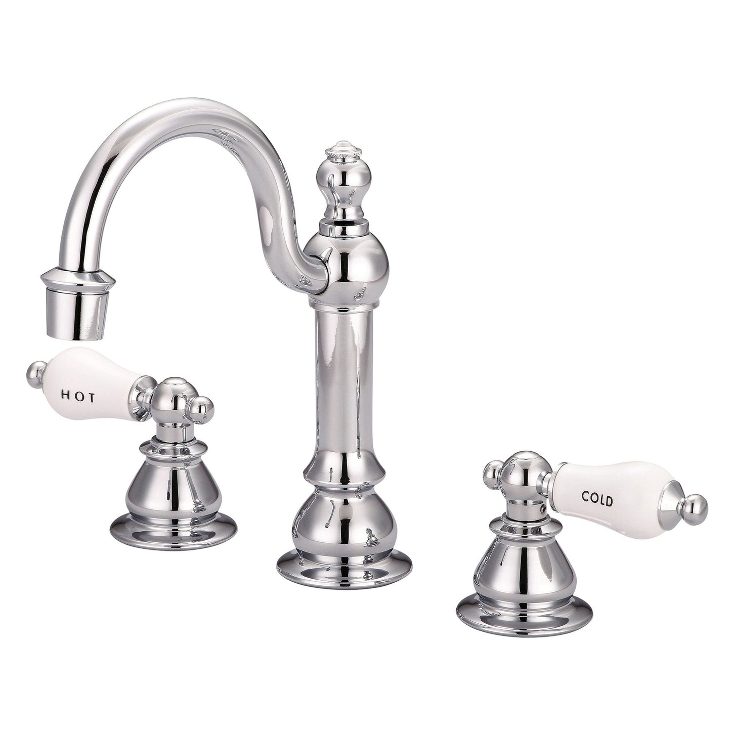 Water Creation American 20th Century Classic Widespread Lavatory F2-0012 8" Silver Solid Brass Faucet With Pop-Up Drain And Porcelain Lever Handles, Hot And Cold Labels Included