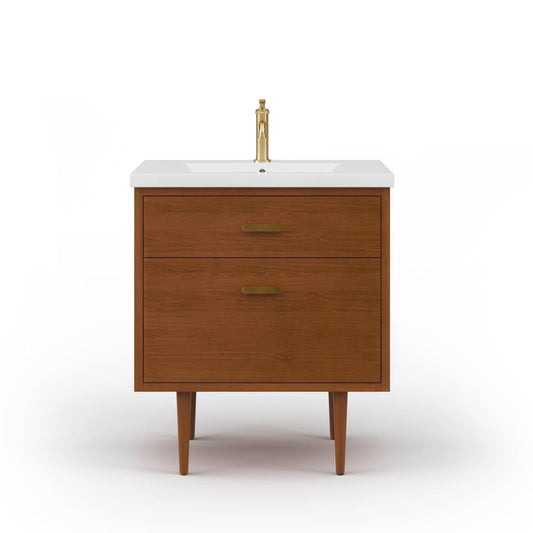 Water Creation Brandy 30" Integrated Ceramic Sink Top Vanity in Honey Walnut with Satin Gold Single Faucet