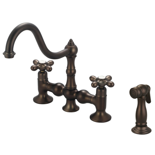 Water Creation Bridge Style Kitchen F5-0010 8" Brown Solid Brass Faucet With Side Spray And Metal Lever Handles, Hot And Cold Labels Included
