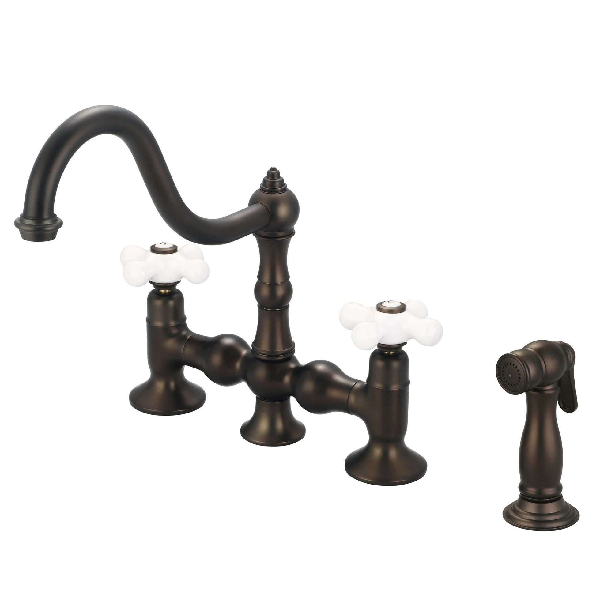 Water Creation Bridge Style Kitchen F5-0010 8" Brown Solid Brass Faucet With Side Spray And Porcelain Cross Handles, Hot And Cold Labels Included
