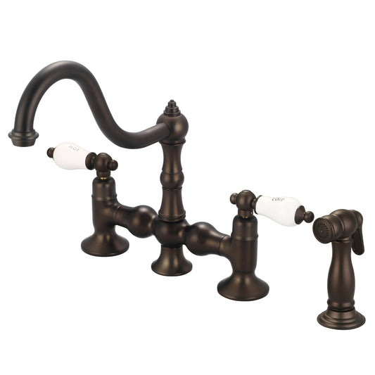 Water Creation Bridge Style Kitchen F5-0010 8" Brown Solid Brass Faucet With Side Spray And Porcelain Lever Handles, Hot And Cold Labels Included