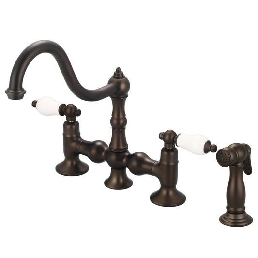 Water Creation Bridge Style Kitchen F5-0010 8" Brown Solid Brass Faucet With Side Spray And Porcelain Lever Handles Without Labels