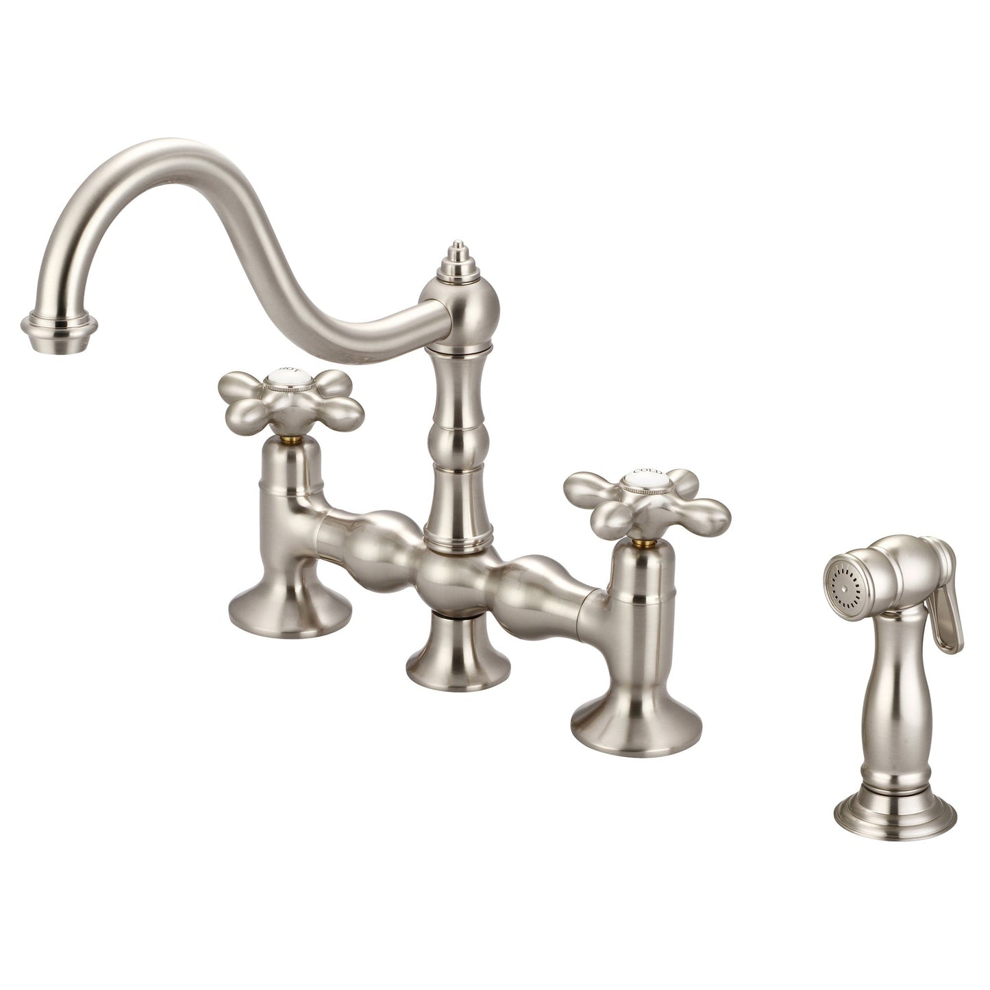 Water Creation Bridge Style Kitchen F5-0010 8" Grey Solid Brass Faucet With Side Spray And Metal Lever Handles, Hot And Cold Labels Included