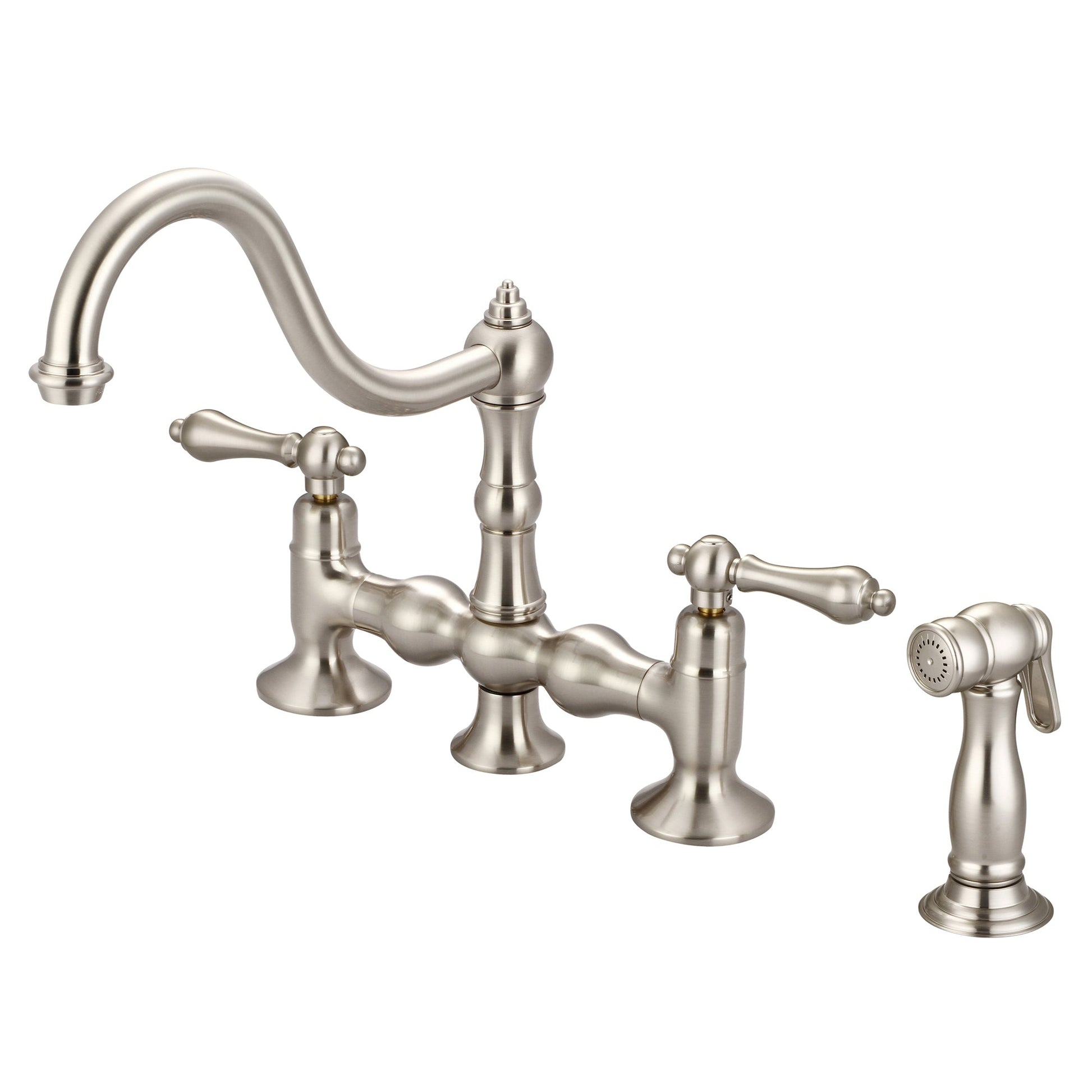 Water Creation Bridge Style Kitchen F5-0010 8" Grey Solid Brass Faucet With Side Spray And Metal Lever Handles Without Labels
