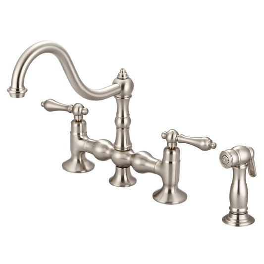 Water Creation Bridge Style Kitchen F5-0010 8" Grey Solid Brass Faucet With Side Spray And Metal Lever Handles Without Labels