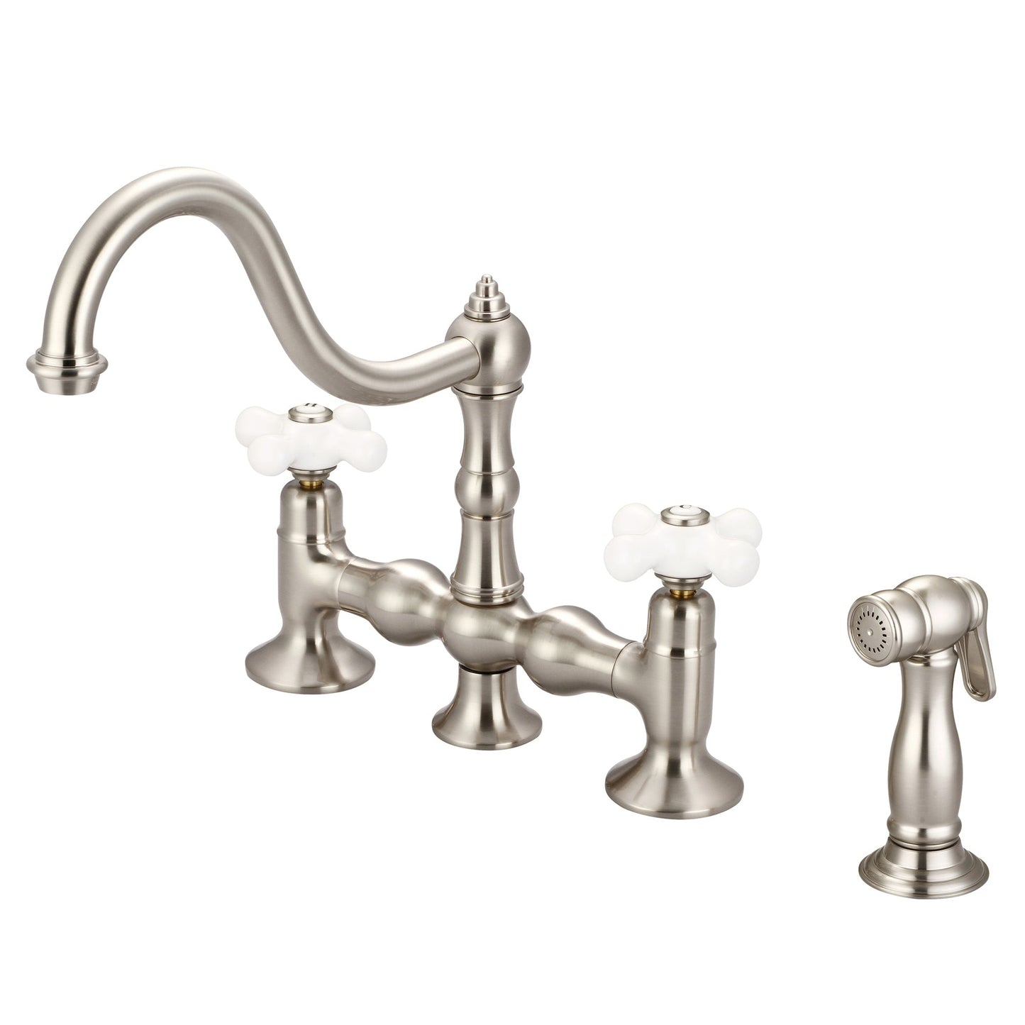 Water Creation Bridge Style Kitchen F5-0010 8" Grey Solid Brass Faucet With Side Spray And Porcelain Cross Handles, Hot And Cold Labels Included
