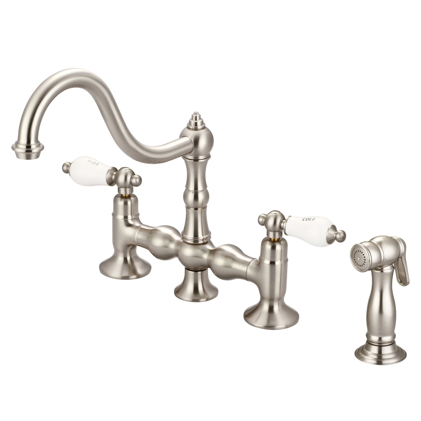 Water Creation Bridge Style Kitchen F5-0010 8" Grey Solid Brass Faucet With Side Spray And Porcelain Lever Handles, Hot And Cold Labels Included