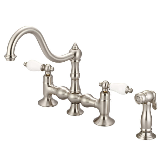Water Creation Bridge Style Kitchen F5-0010 8" Grey Solid Brass Faucet With Side Spray And Porcelain Lever Handles Without Labels