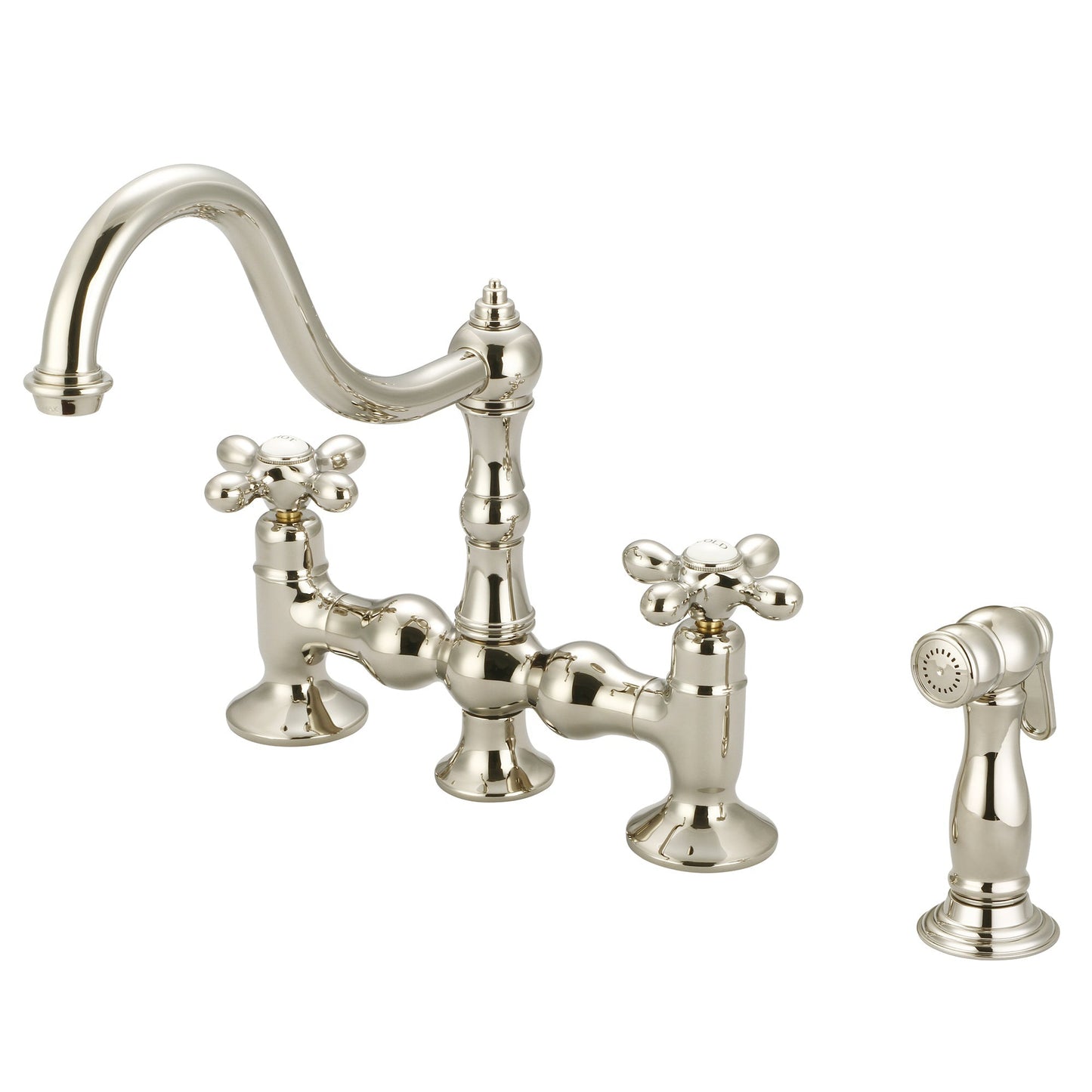 Water Creation Bridge Style Kitchen F5-0010 8" Ivory Solid Brass Faucet With Side Spray And Metal Lever Handles, Hot And Cold Labels Included