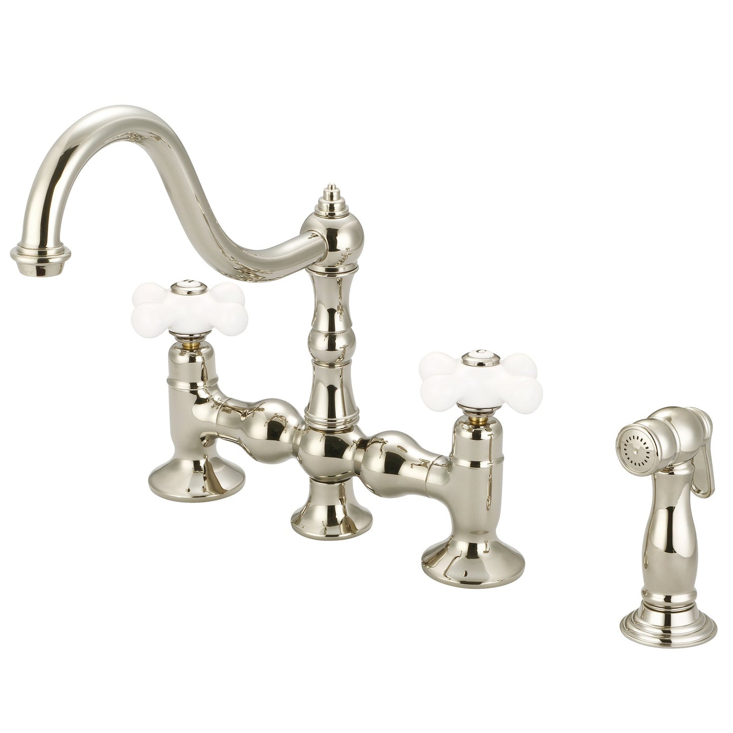 Water Creation Bridge Style Kitchen F5-0010 8" Ivory Solid Brass Faucet With Side Spray And Porcelain Cross Handles, Hot And Cold Labels Included