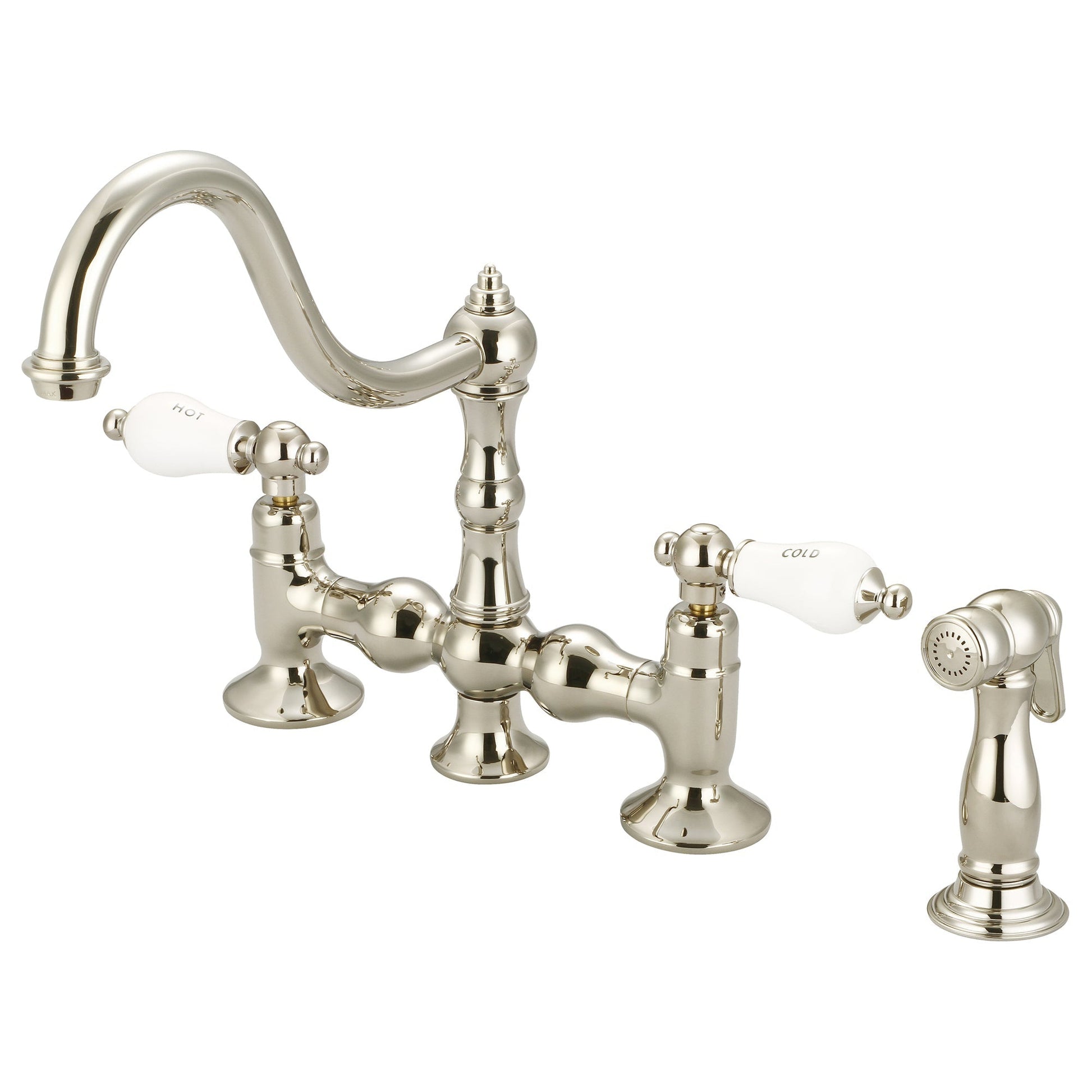 Water Creation Bridge Style Kitchen F5-0010 8" Ivory Solid Brass Faucet With Side Spray And Porcelain Lever Handles, Hot And Cold Labels Included