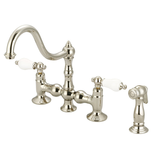 Water Creation Bridge Style Kitchen F5-0010 8" Ivory Solid Brass Faucet With Side Spray And Porcelain Lever Handles Without Labels