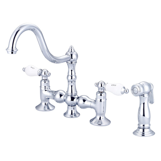 Water Creation Bridge Style Kitchen F5-0010 8" Silver Solid Brass Faucet With Side Spray And Metal Lever Handles, Hot And Cold Labels Included