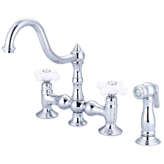 Water Creation Bridge Style Kitchen F5-0010 8" Silver Solid Brass Faucet With Side Spray And Porcelain Cross Handles, Hot And Cold Labels Included