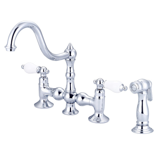 Water Creation Bridge Style Kitchen F5-0010 8" Silver Solid Brass Faucet With Side Spray And Porcelain Lever Handles Without Labels