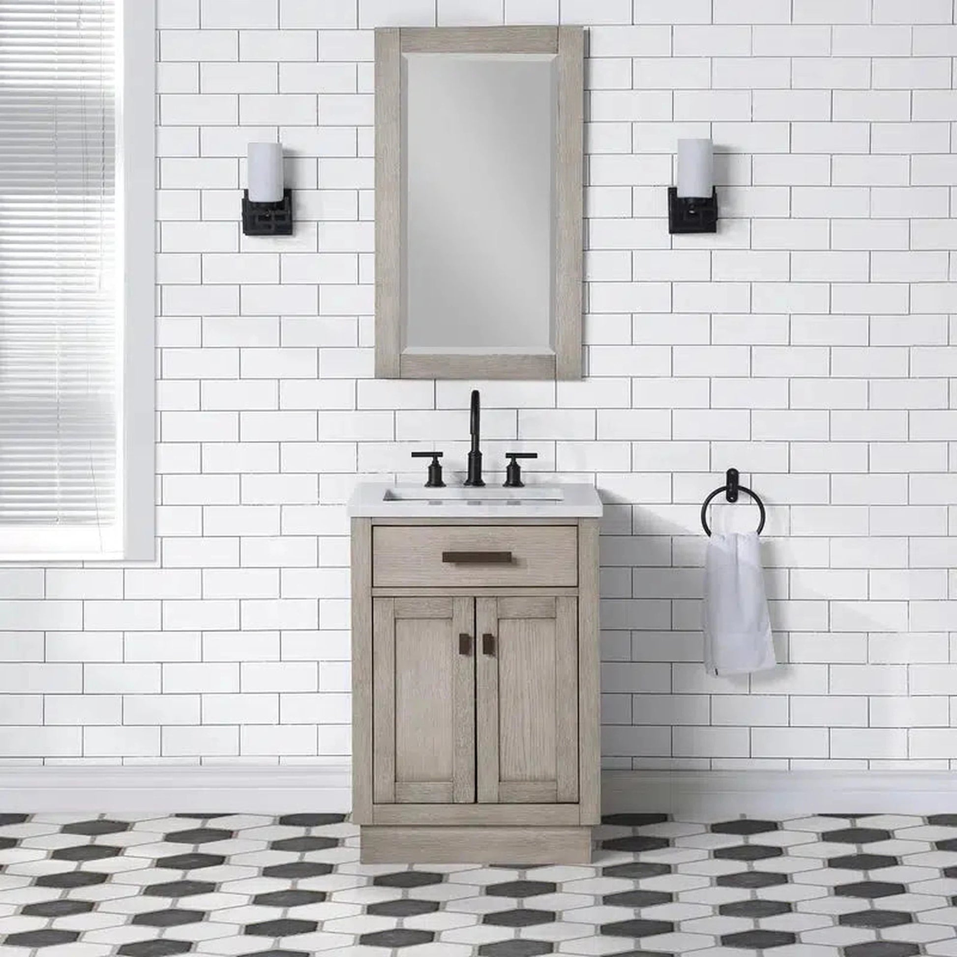 Water Creation Chestnut 24 In. Single Sink Carrara White Marble Countertop Vanity In Grey Oak