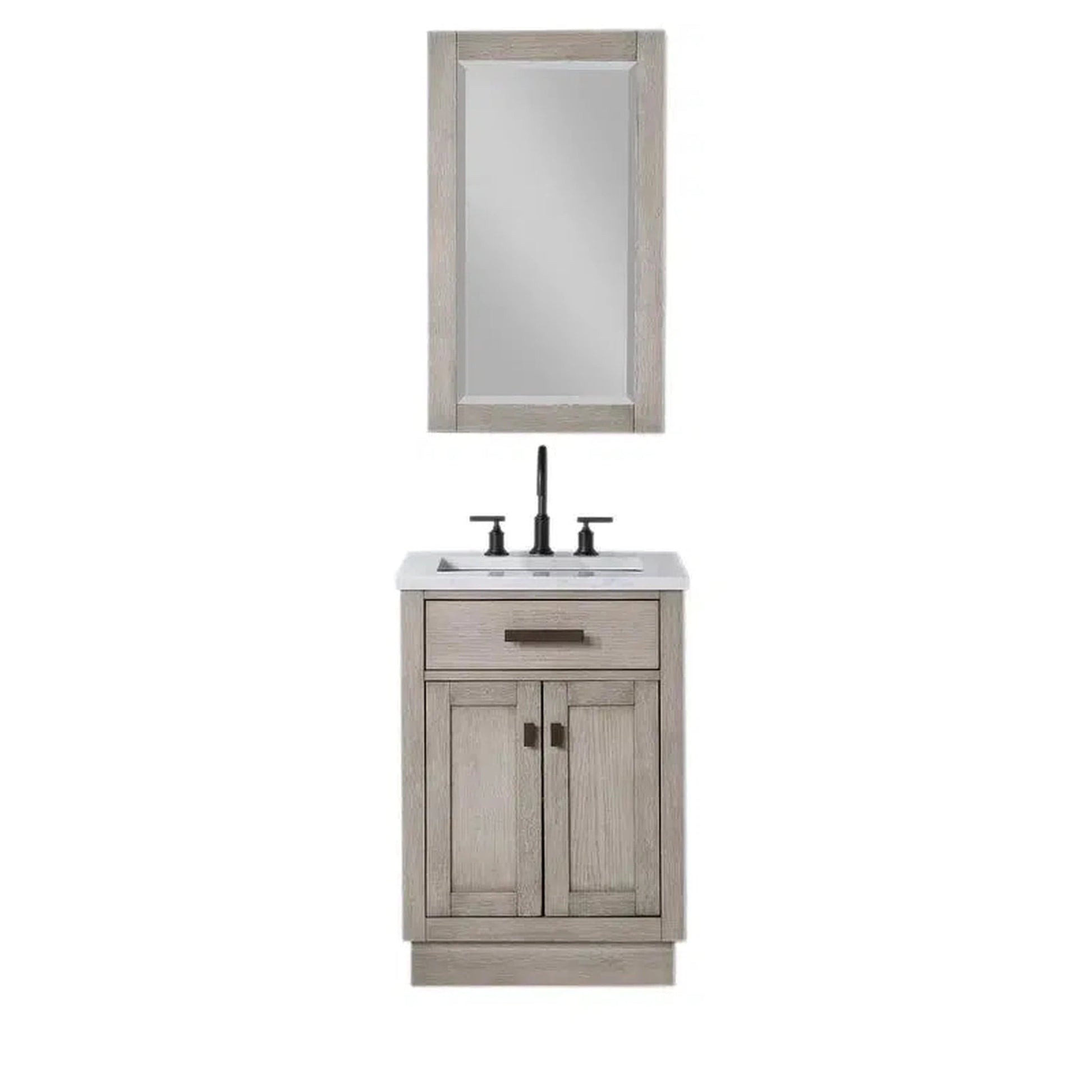 Water Creation Chestnut 24 In. Single Sink Carrara White Marble Countertop Vanity In Grey Oak with Grooseneck Faucet and Mirror