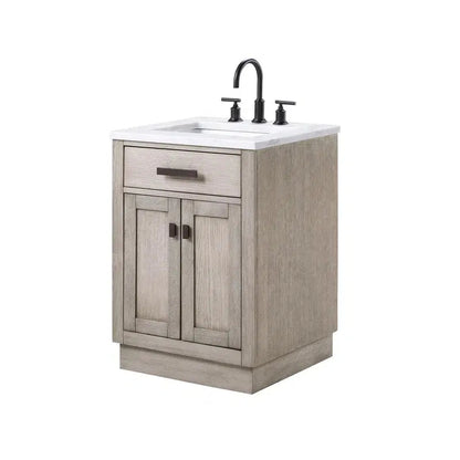 Water Creation Chestnut 24 In. Single Sink Carrara White Marble Countertop Vanity In Grey Oak with Grooseneck Faucet and Mirror