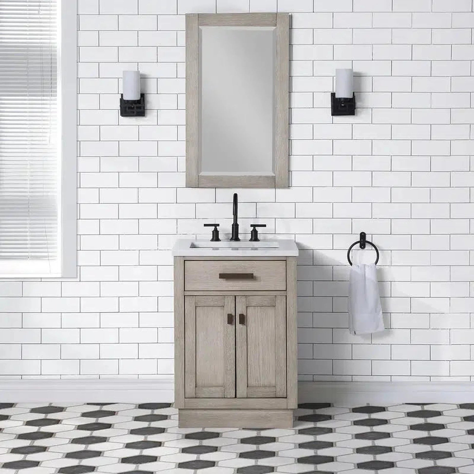 Water Creation Chestnut 24 In. Single Sink Carrara White Marble Countertop Vanity In Grey Oak with Grooseneck Faucet and Mirror