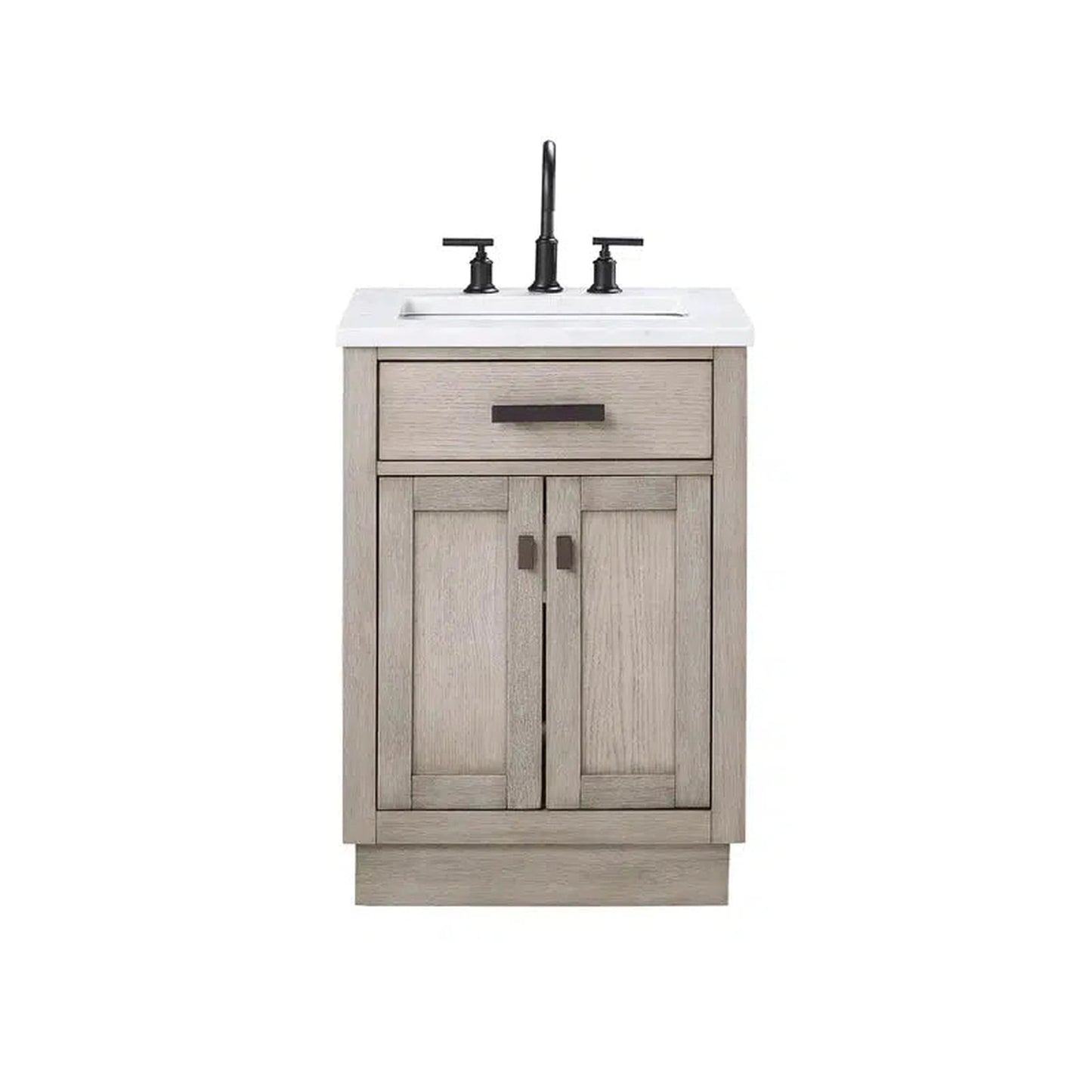 Water Creation Chestnut 24 In. Single Sink Carrara White Marble Countertop Vanity In Grey Oak with Grooseneck Faucet and Mirror