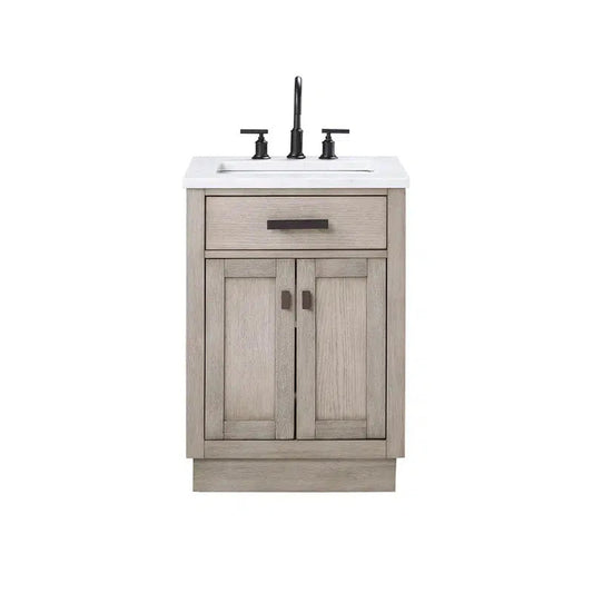 Water Creation Chestnut 24 In. Single Sink Carrara White Marble Countertop Vanity In Grey Oak with Grooseneck Faucet and Mirror