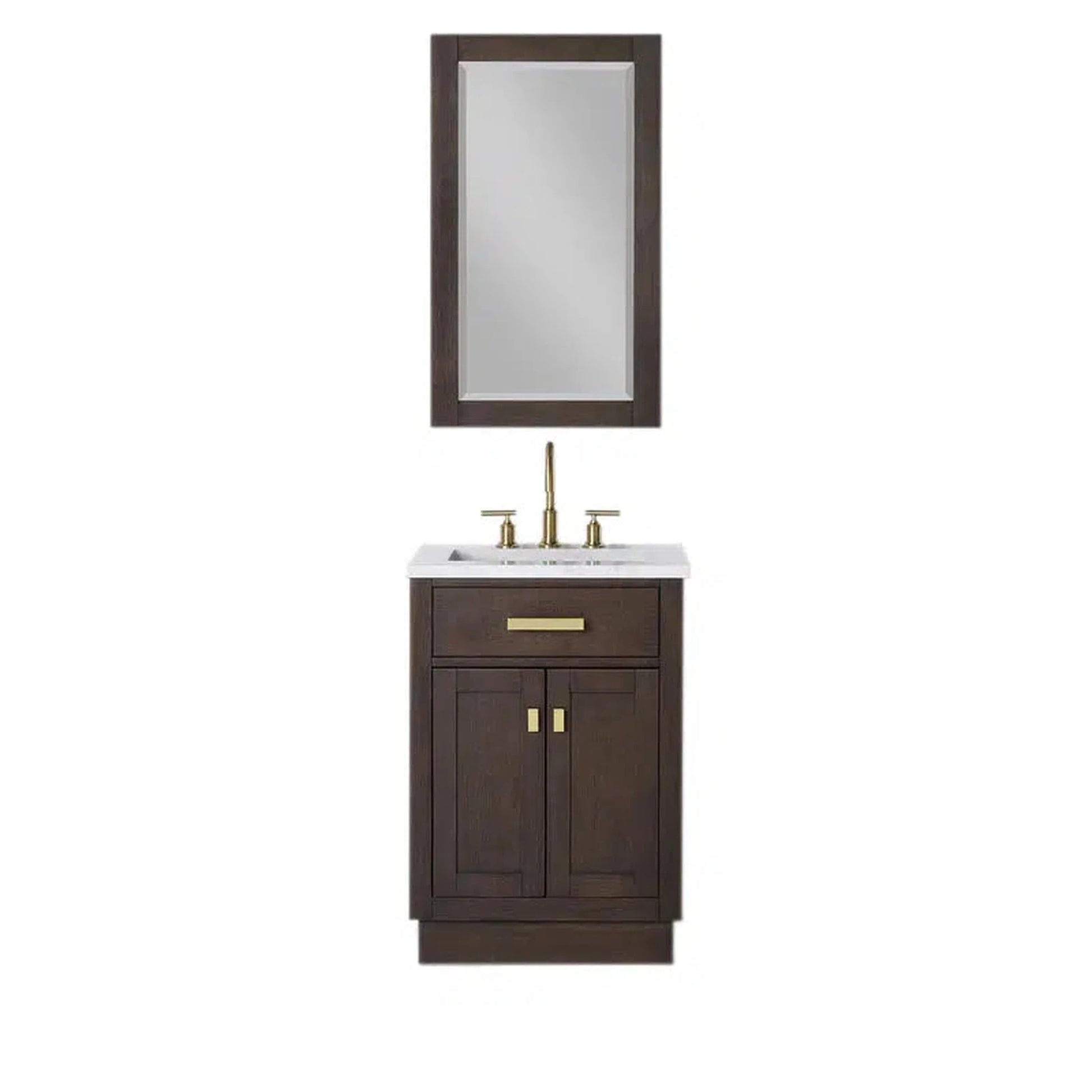 Water Creation Chestnut 24" Single Sink Carrara White Marble Countertop Vanity In Brown Oak with Grooseneck Faucet