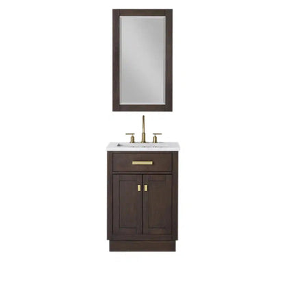 Water Creation Chestnut 24" Single Sink Carrara White Marble Countertop Vanity In Brown Oak with Grooseneck Faucet