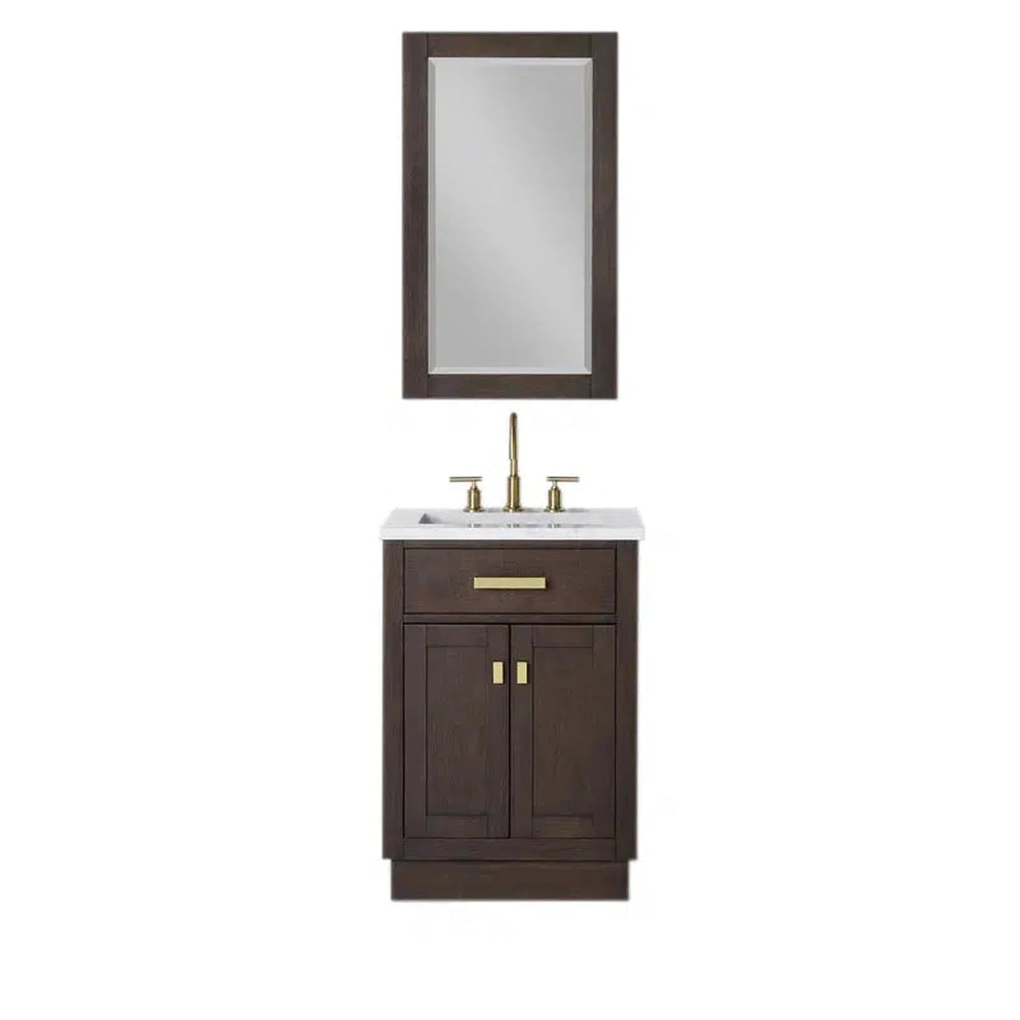 Water Creation Chestnut 24" Single Sink Carrara White Marble Countertop Vanity In Brown Oak with Grooseneck Faucet and Mirror